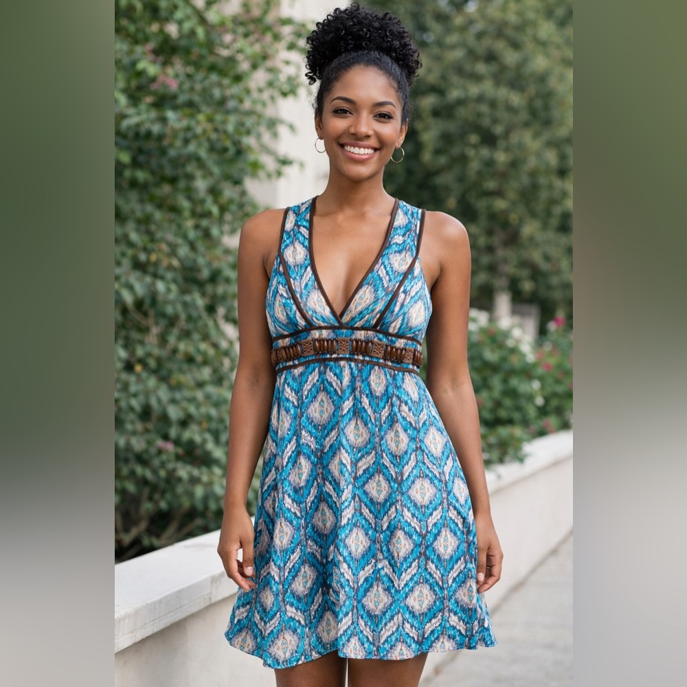 SINGLE Dress for Neiman Marcus 100% Silk Wood Beaded Ikat‎ Print Dress Small